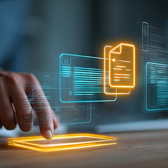 person touching a tablet with document icons.