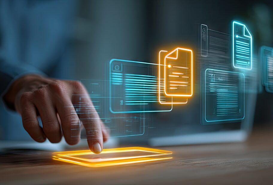 person touching a tablet with document icons.