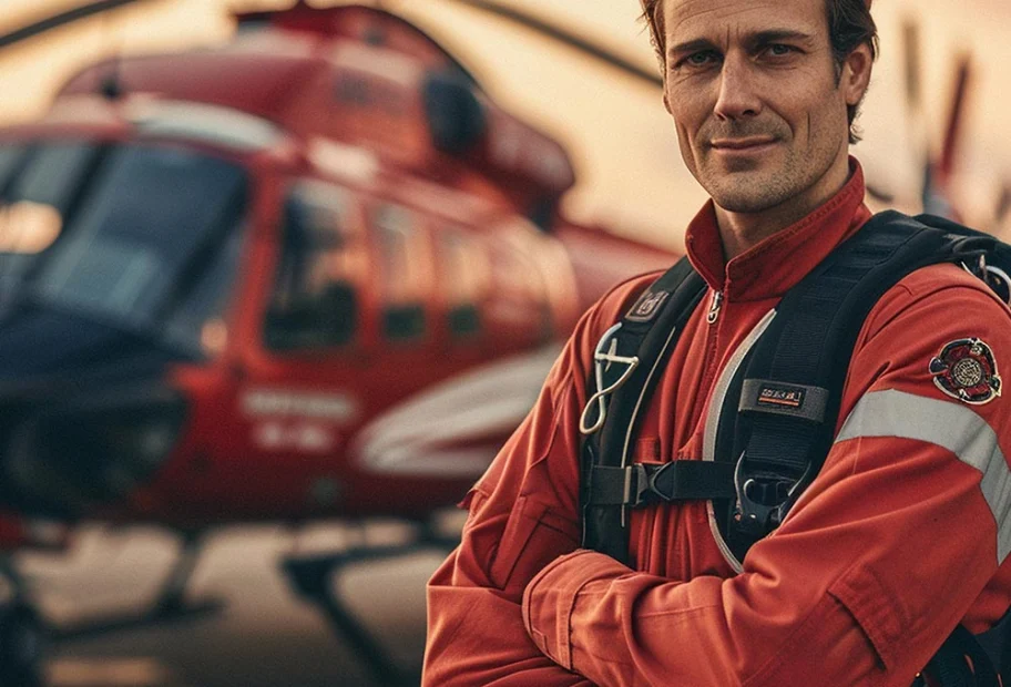 A paramedic standing beside a running helicopter at a heliport,
