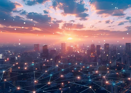 City skyline with electricity points in a map.