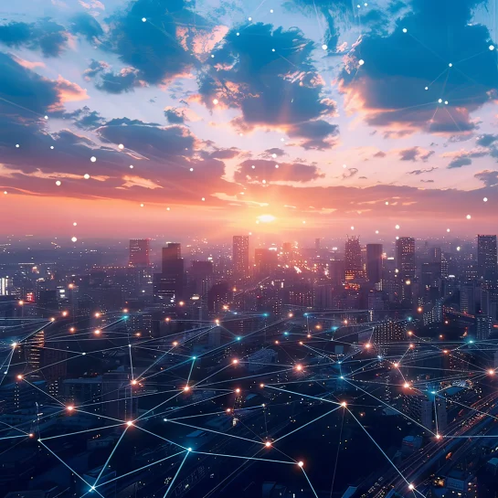 City skyline with electricity points in a map.