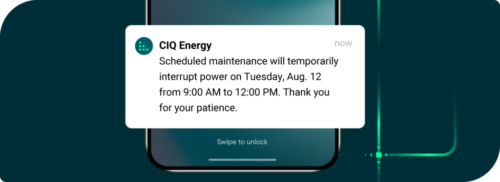 Scheduled maintenance SMS example for a utility customer.