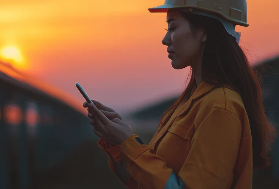 Atlas field inspections, a woman in a hard hat looking at phone